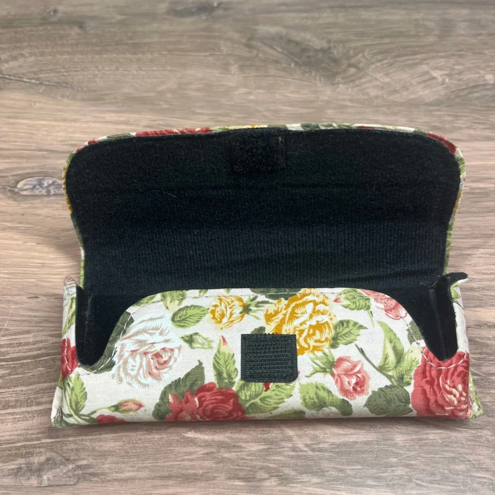 Eyeglass Case Cream Red Floral Rose Print Fabric Padded Case